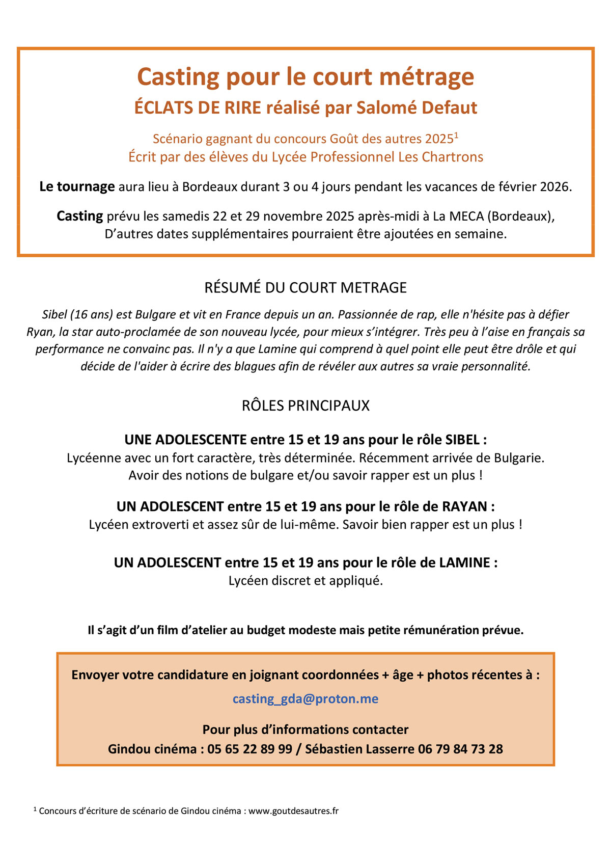 Annonce casting court metrage ECLATS DE RIRE Gindou cinema